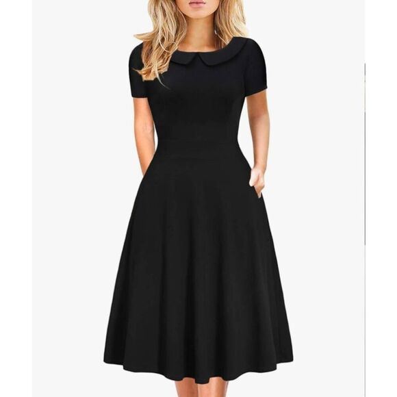 Black Cotton A-Line Dress with Pockets and Lace Trim - Picture 6 of 6